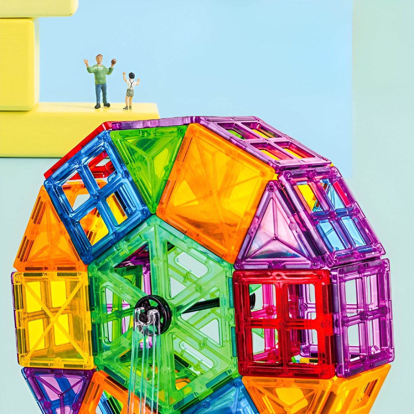 Set 60 de Piese Magnetice de Constructie, Flippy, Magnetic Tiles, Piese Mari, Forme Geometrice, 3 Ani, ABS, Magnet, 20.5 x 14.5 x 12 cm, Multicolor - imagine 3