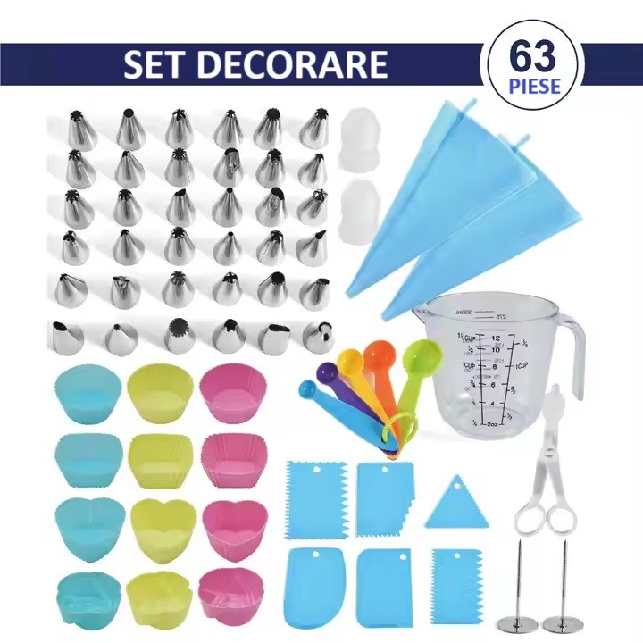 Set 63 Piese Ustensile pentru Ornare Prajituri, Flippy, din Plastic si Otel Inoxidabil, Forme Briose, Multicolor - imagine 4