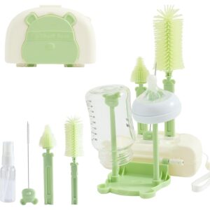 Set 7 Piese de Spalat/Uscat Biberoane, Flippy, Portabil, Peri de Silicon, pentru Tetine, Suzete, Biberoane, Paie, Cutie Inclusa, 16 x 11 x 5 cm, Model Ursulet, Verde