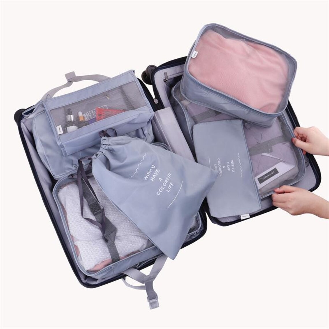 Set 8 huse organizare bagaj Flippy, material poliester, impermeabil, cu fermoar, pentru calatorii sau dulap, sac pentru pantofi inclus, pliabil, gri - imagine 4