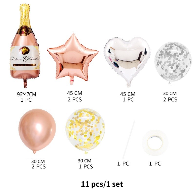 Set 9 Baloane din Folie Metalizată si din Latex, Flippy, Model Sticla de Sampanie, Baloane Party, Bat si Adeziv Incluse, Umflare cu Aer sau Heliu, Roz Alb - imagine 2