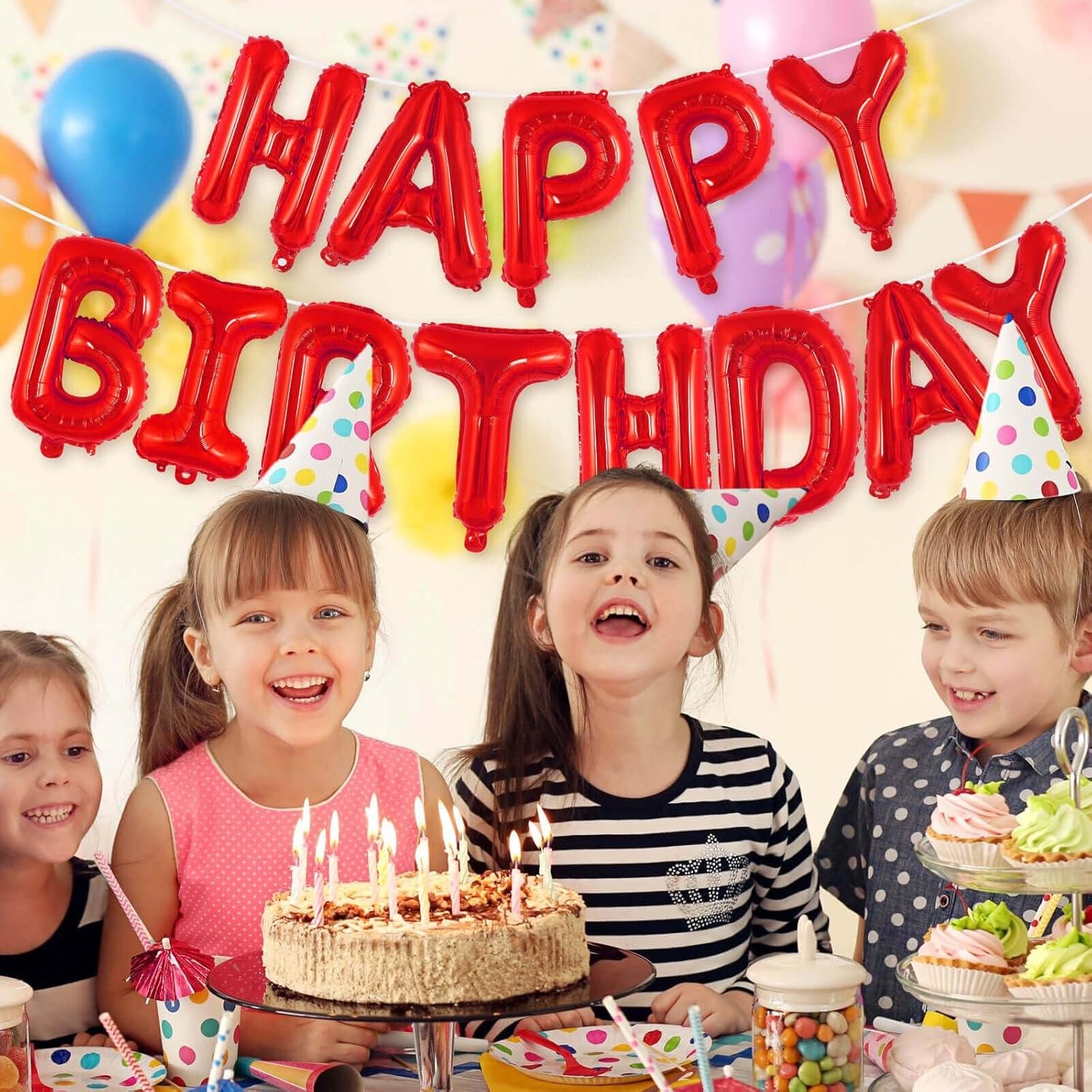 Set Baloane din Folie Metalizata, Flippy, Model Happy Birthday, Litere de 40 cm, Baloane Party, Ambalaj Individual, Pai, Ata si Adeziv Incluse, Umflare cu Aer sau Heliu, Rosu - imagine 2