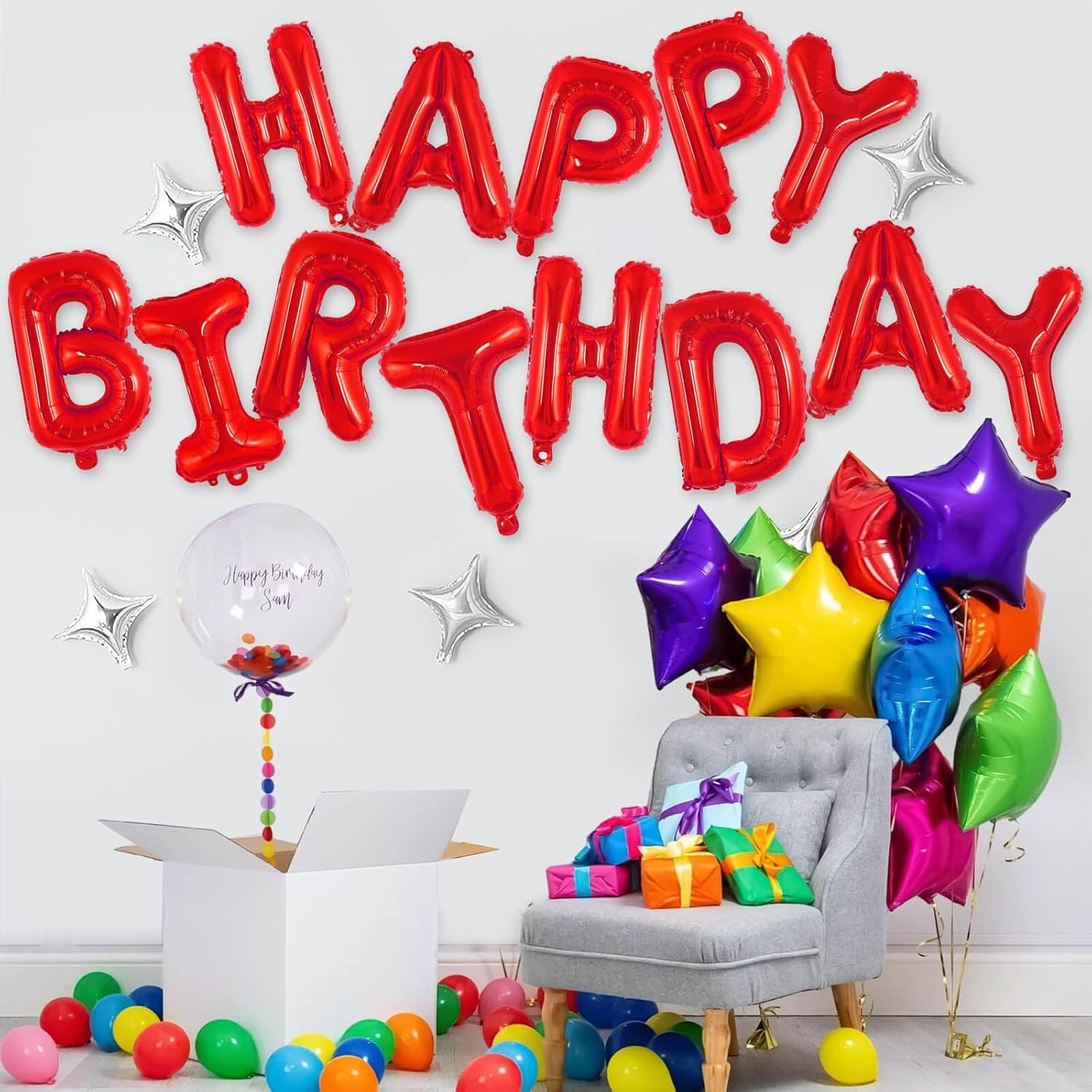 Set Baloane din Folie Metalizata, Flippy, Model Happy Birthday, Litere de 40 cm, Baloane Party, Ambalaj Individual, Pai, Ata si Adeziv Incluse, Umflare cu Aer sau Heliu, Rosu - imagine 3