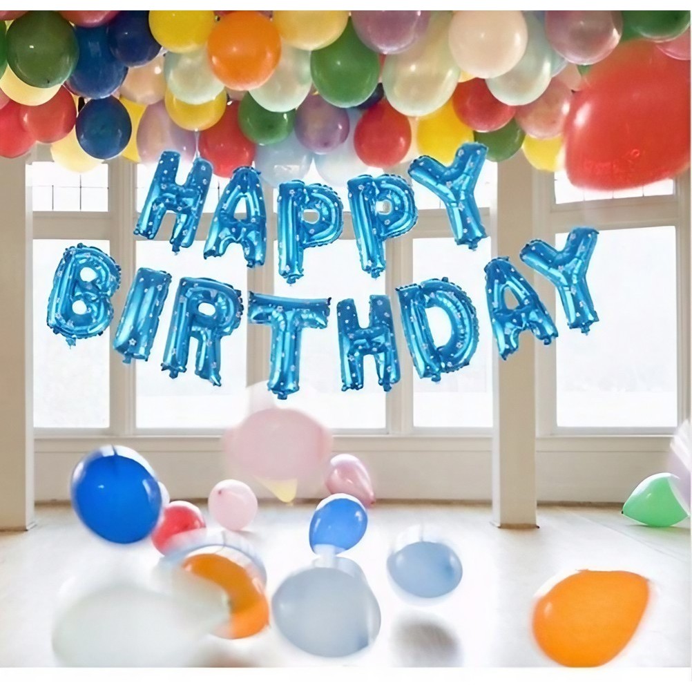 Set Baloane din Folie Metalizata, Flippy, Model Happy Birthday, Litere de 40 cm, Baloane Party, Ambalaj Individual, Pai, Ata si Adeziv Incluse, Umflare cu Aer sau Heliu, Albastru - imagine 4
