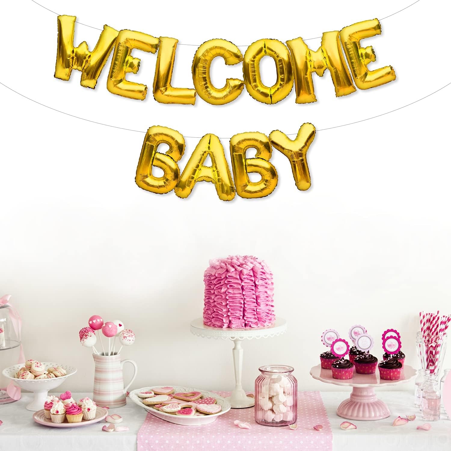 Set Baloane din Folie Metalizata, Flippy, Model Welcome Baby, Litere de 40 cm, Baloane Party, Ambalaj Individual, Pai, Ata si Adeziv Incluse, Umflare cu Aer sau Heliu, Auriu - imagine 2
