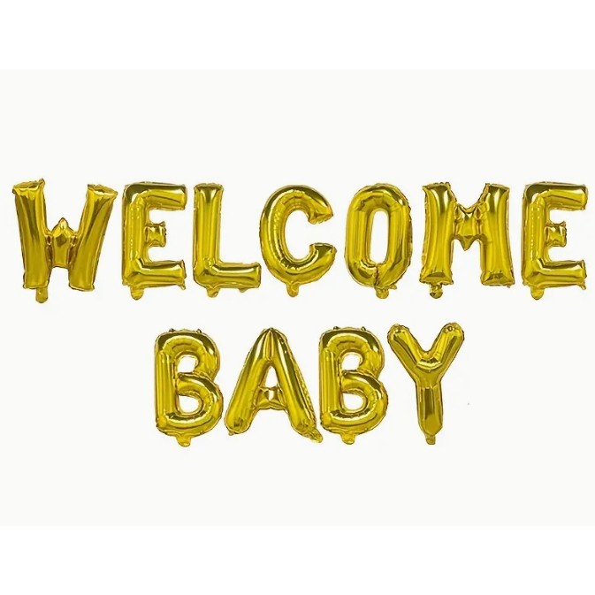 Set Baloane din Folie Metalizata, Flippy, Model Welcome Baby, Litere de 40 cm, Baloane Party, Ambalaj Individual, Pai, Ata si Adeziv Incluse, Umflare cu Aer sau Heliu, Auriu - imagine 4