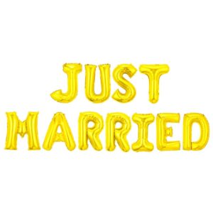 Set Baloane din Folie Metalizata, Flippy, Model Just Married, Litere de 40 cm, Baloane Party, Ambalaj Individual, Pai, Ata si Adeziv Incluse, Umflare cu Aer sau Heliu, Auriu