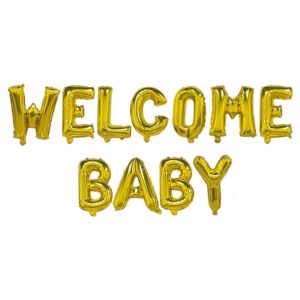 Set Baloane din Folie Metalizata, Flippy, Model Welcome Baby, Litere de 40 cm, Baloane Party, Ambalaj Individual, Pai, Ata si Adeziv Incluse, Umflare cu Aer sau Heliu, Auriu