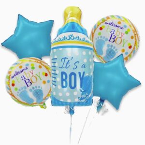 Baloane decorative GENDER REVEAL PARTY, Flippy, Figurina Sticluta, Model IT'S A BOY, Set din 5 baloane, 40 x 77 cm, pentru Botez, Albastru