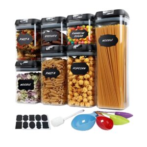 Set Cutii de Depozitare a Alimentelor, Flippy, 7 Recipiente, 10 Etichete Reutilizabile, 4 Linguri, pentru Bucatarie, Spatula, Etansare, Fara BPA, Transparente, Capac Negru