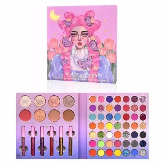Trusa de machiaj, paleta Kevin&Coco cu 53 de farduri, iluminator, corector si rujuri, Flippy
