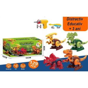 Set pentru copii DIY 129 de piese dinozauri, asamblare si dezasamblare, interactiv, distractiv, accesorii incluse, + 3 ani, multicolor