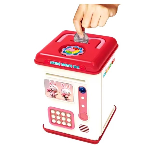 Set Pusculita pentru Copii, Flippy, Tip ATM, Parola cu Amprenta, 13.5 x 11.5 x 20 cm, Roz - imagine 2