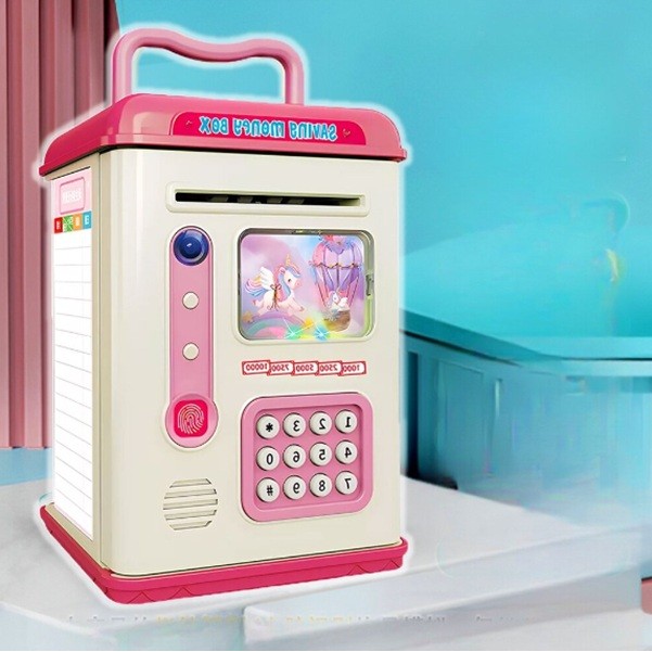 Set Pusculita pentru Copii, Flippy, Tip ATM, Parola cu Amprenta, 13.5 x 11.5 x 20 cm, Roz - imagine 3