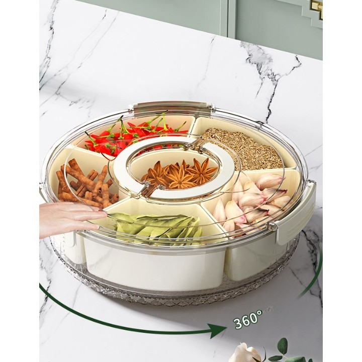 Cutie de Depozitare pentru Alimente, Flippy, cu 6 Compartimente, pentru Condimente, Fructe, Legume, cu Manere de Prindere, Rotativa 360 de Grade, Inchidere Ermetica, 32x8 cm, Alba - imagine 4