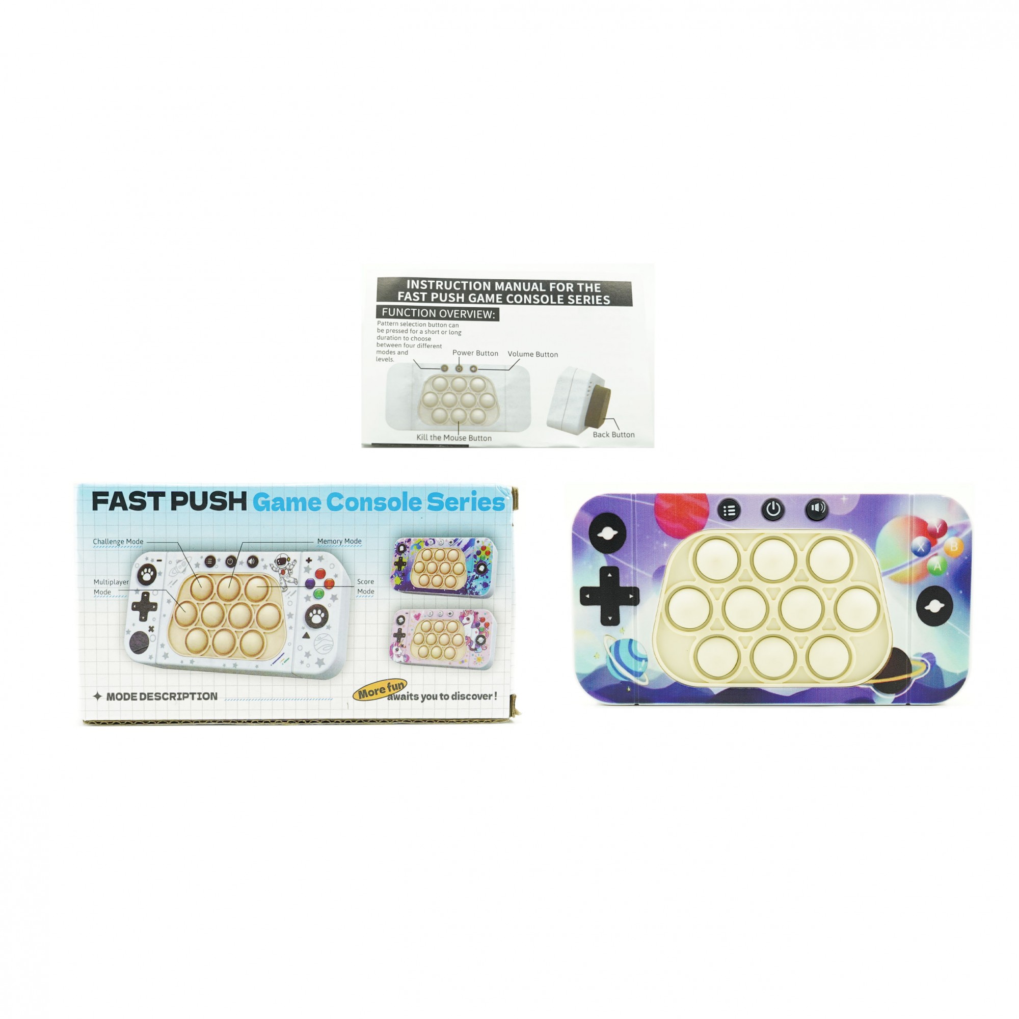 Jucarie interactiva tip consola pentru copii Flippy, speed push whack-a-mole, joc de viteza pop it, material ABS/silicon, cu nivele, sunete si lumini, 15.5 x 7.6 x 5.3 cm, model spatiu, multicolor - imagine 2