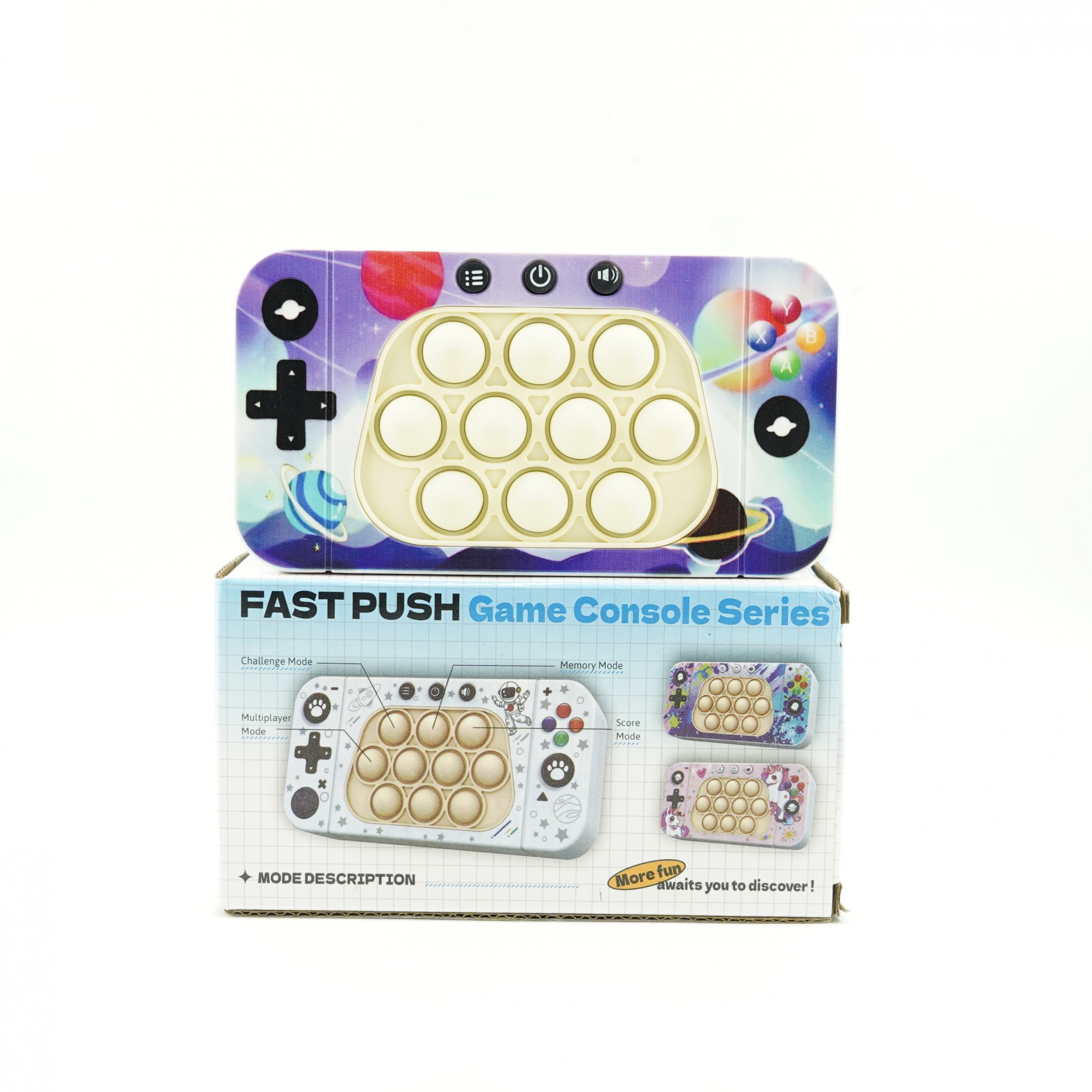 Jucarie interactiva tip consola pentru copii Flippy, speed push whack-a-mole, joc de viteza pop it, material ABS/silicon, cu nivele, sunete si lumini, 15.5 x 7.6 x 5.3 cm, model spatiu, multicolor - imagine 3