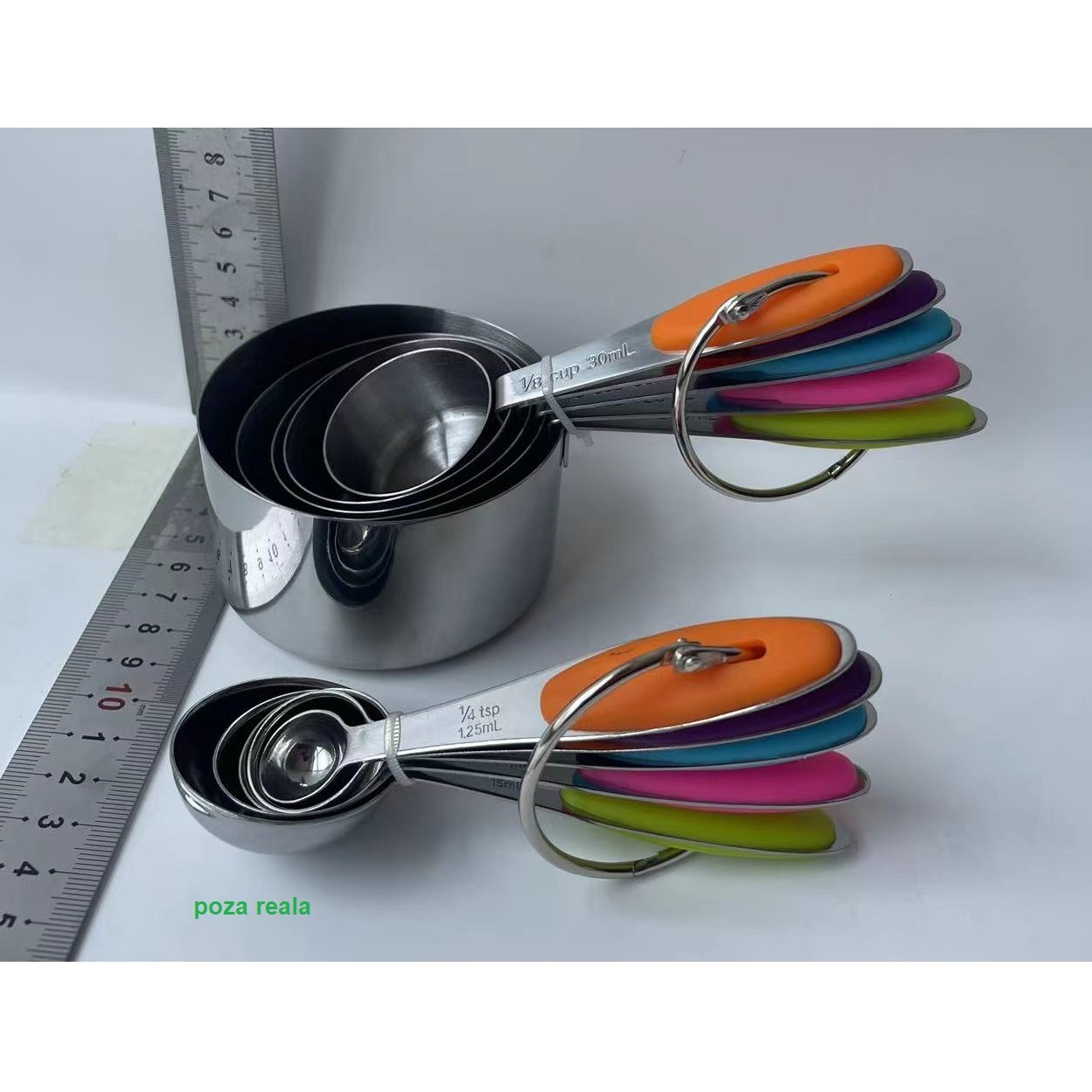 Set 10 Piese de Masurare, Flippy, 5 Linguri Gradate + 5 Cesti Gradate, Otel Inoxidabil + Silicon, 19 x 8 x 9 cm, Multicolor - imagine 2