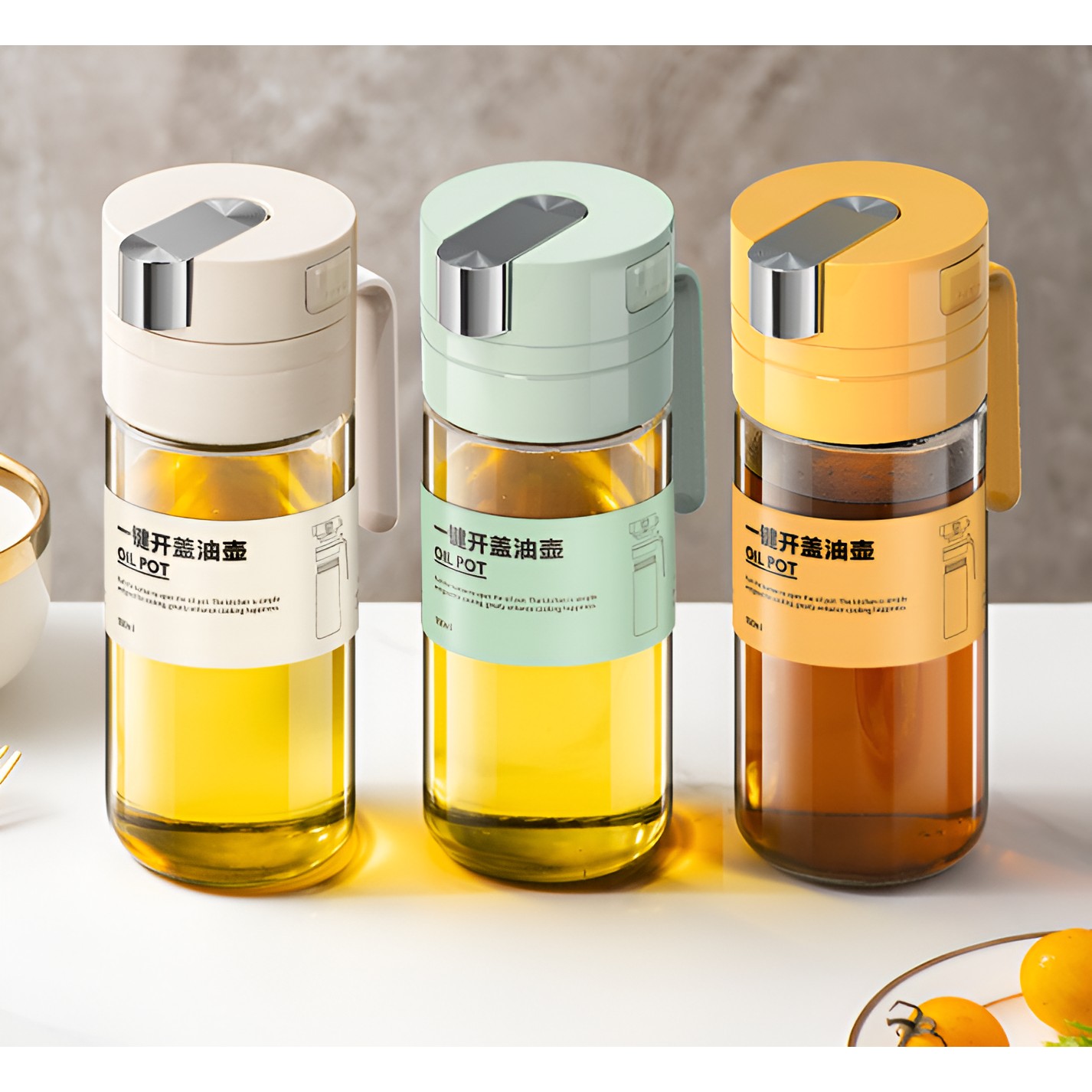 Dispenser pentru Ulei, Flippy, Deschidere si Inchidere Automata a Rezervorul, cu Inductie Gravitationala, 550 ml, 12x7.6x20.5 cm, Galben - imagine 4