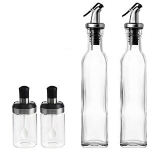 Sticle si Borcane de Ulei de Masline, Flippy, Dozator Set 4 Bucati, 2 Sticle cu Dispenser 500 ml/buc, 2 Borcane pentru Condimente cu Capac si Lingura 120ml/buc, Transparent