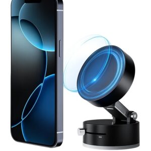 Suport Magnetic Auto pentru Telefon, Flippy, cu Ventuza, Pliabil și Retractabil, Fixare prin Vid și Magnet, Rotativ 360°, Negru