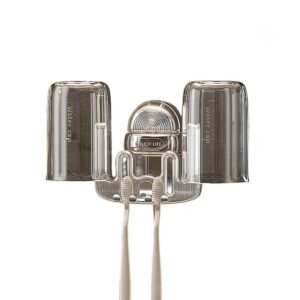 Suport Multifunctional Dublu, Pahar si Suport pentru Periuta de Dinti, Flippy, Plastic, 11 cm x 11.5 cm, Transparent