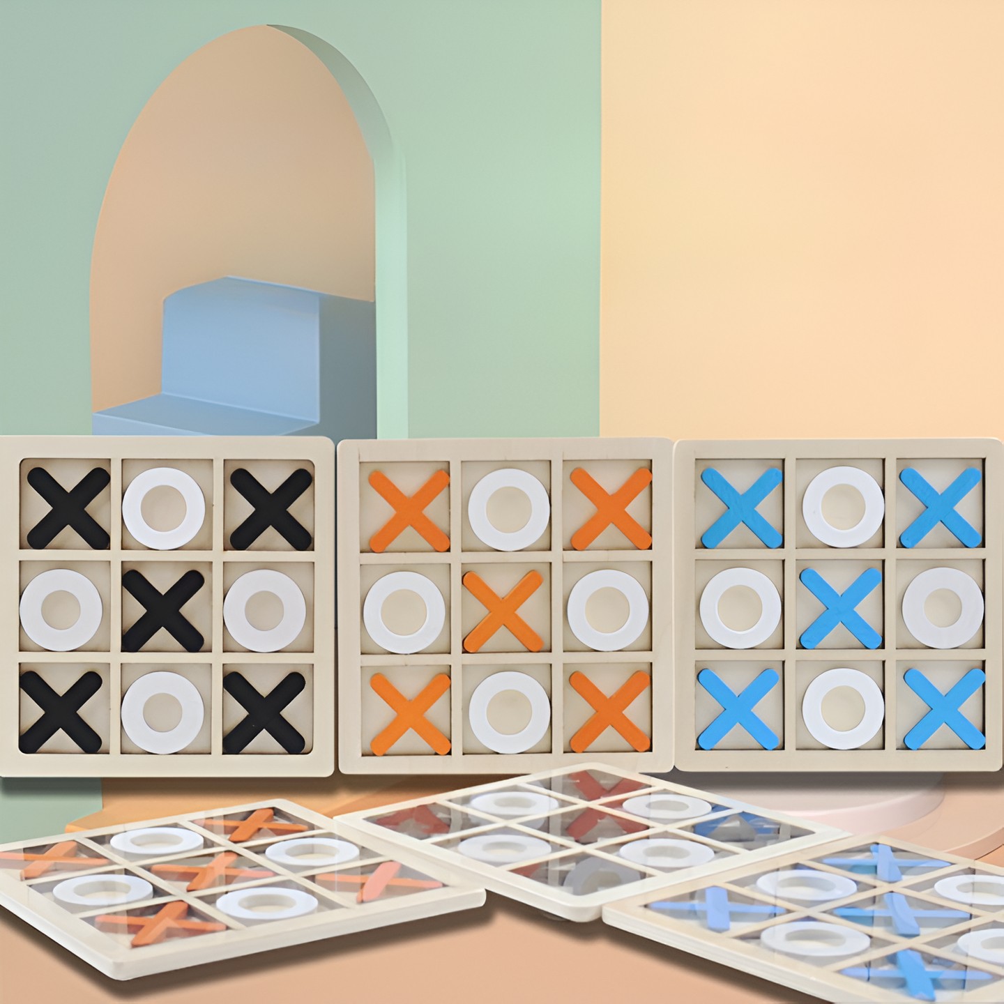 Jucarie Montessori Tic Tac Toe, Flippy, Educativa, Interactiva, din lemn, X si O, 9 Piese, 14.3x14.3 cm, Albastru Alb - imagine 2