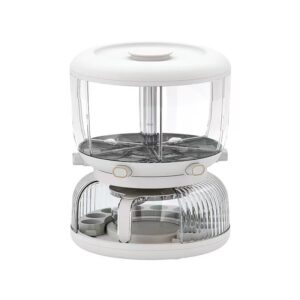 Dozator etajat de cereale Flippy, rotativ 360, 6 compartimente, capacitate 10L, cofrag special pentru oua, vas pentru scurgerea cerealelor, 35x27.5 cm, alb