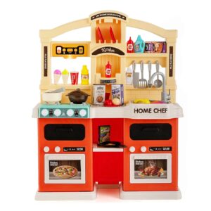 Bucatarie Multifunctionala pentru Copii Modern Kitchen Home Chef, Flippy, cu Lumini si Sunete Realiste, Aburi, Robinet cu Circuit de Apa, Efect Fierbere, 77 Piese, 83 x 66 x 24 cm, 3 Ani+, Portocaliu