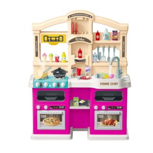 Bucatarie Multifunctionala pentru Copii Modern Kitchen Home Chef, Flippy, cu Lumini si Sunete Realiste, Aburi, Robinet cu Circuit de Apa, Efect Fierbere, 77 Accesorii Incluse, 83 x 66 x 24 cm, 3 Ani+, Roz