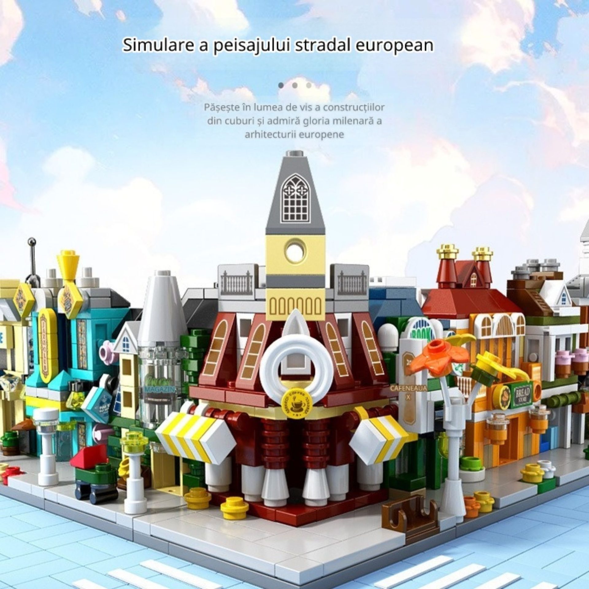 Set de Constructie, Flippy, Jucarie Educativa STEM, 125 Piese, Model 3D, +6 Ani, Colectia Strada Comerciala Europeana, 6.4 x 5.6 x 7.8 cm, Galben/Maro - imagine 3