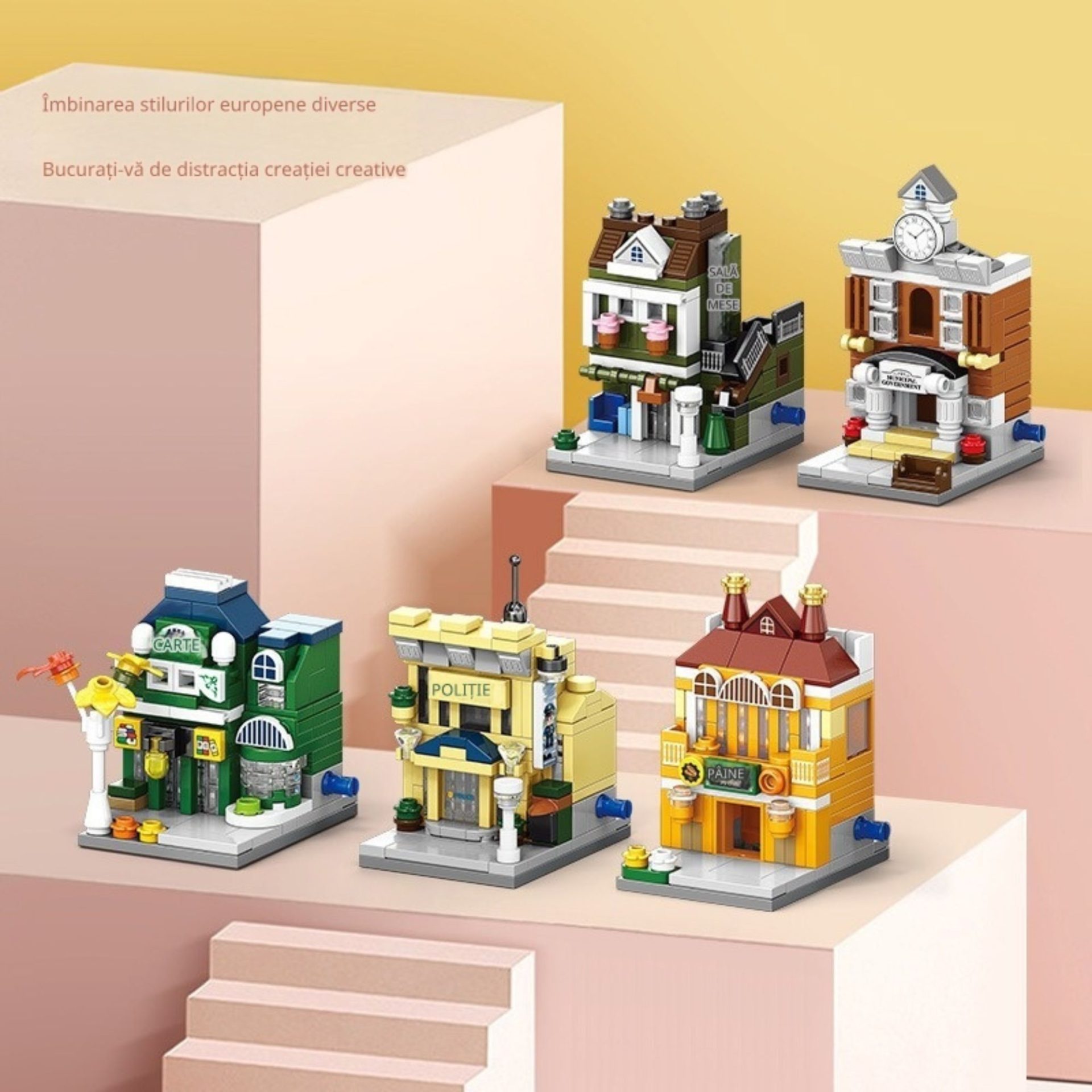 Set de Constructie, Flippy, Jucarie Educativa STEM, 113 Piese, Model 3D, +6 Ani, Colectia Strada Comerciala Europeana, 6.4 x 5.6 x 7.5 cm, Verde/Maro - imagine 4