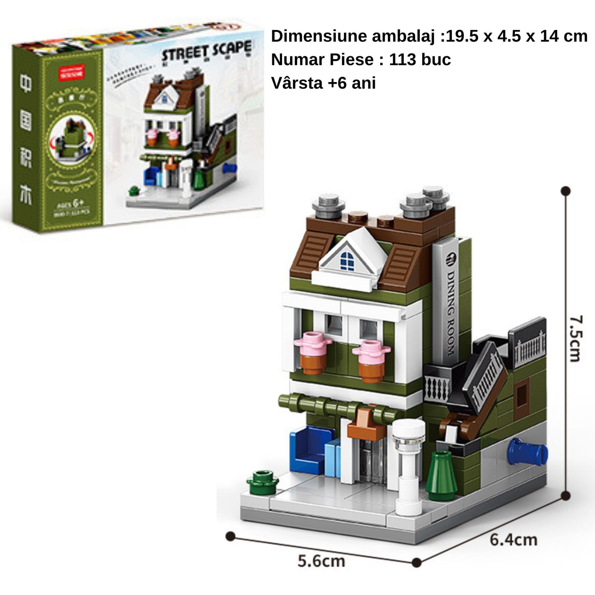 Set de Constructie, Flippy, Jucarie Educativa STEM, 113 Piese, Model 3D, +6 Ani, Colectia Strada Comerciala Europeana, 6.4 x 5.6 x 7.5 cm, Verde/Maro - imagine 2