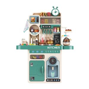 Bucatarie Multifunctionala pentru Copii, Flippy, cu Lumini si Sunete Realiste, Aburi, Robinet cu Flux de Apa, 93 Piese, 96 x 71 x 28 cm, 3 Ani+, Multicolor, Verde/Crem