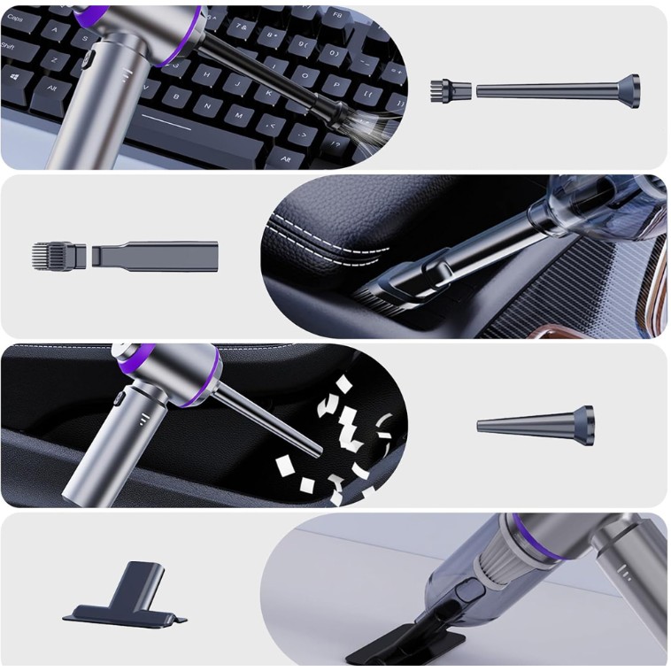 Aspirator Portabil Auto, Flippy, pentru Casa si Masina, 3 Viteze, Incarcator Tip-C cu Incarcare Rapida, Tub Prelungitor, 2000mAh, 7 Capete de Aspirare si Suflare, 21x20x6.5 cm, Argintiu Mov - imagine 2