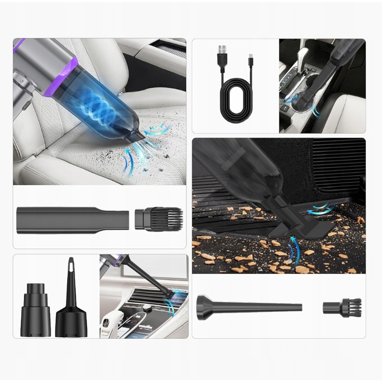 Aspirator Portabil Auto, Flippy, pentru Casa si Masina, 3 Viteze, Incarcator Tip-C cu Incarcare Rapida, Tub Prelungitor, 2000mAh, 7 Capete de Aspirare si Suflare, 21x20x6.5 cm, Argintiu Mov - imagine 3