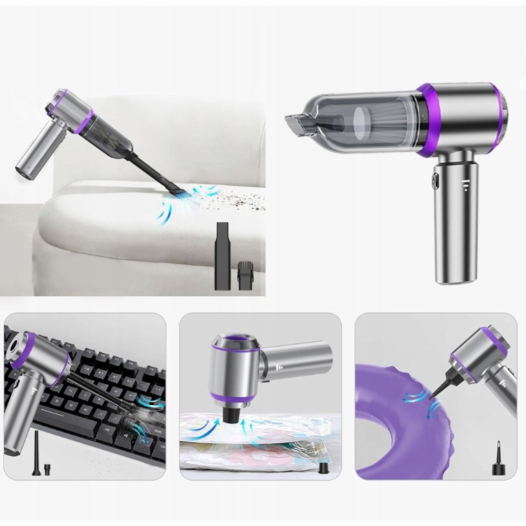 Aspirator Portabil Auto, Flippy, pentru Casa si Masina, 3 Viteze, Incarcator Tip-C cu Incarcare Rapida, Tub Prelungitor, 2000mAh, 7 Capete de Aspirare si Suflare, 21x20x6.5 cm, Argintiu Mov - imagine 4