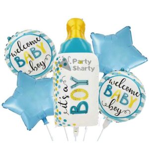 Baloane decorative GENDER REVEAL PARTY, Flippy, Figurina Sticla, Model IT'S A BOY, Set din 5 baloane, 40 x 77 cm, pentru Botez, Albastru