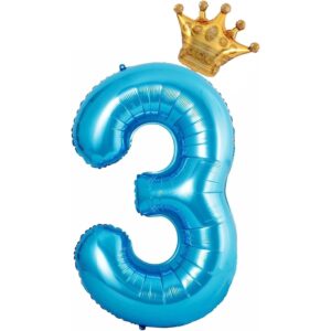 Balon din Folie Metalizata Flippy, Figurina Cifra si Coroana, Tema Aniversare 100 cm, Ambalaj Individual, Pai inclus, Umflare cu Aer sau Heliu, Albastru, Cifra 3