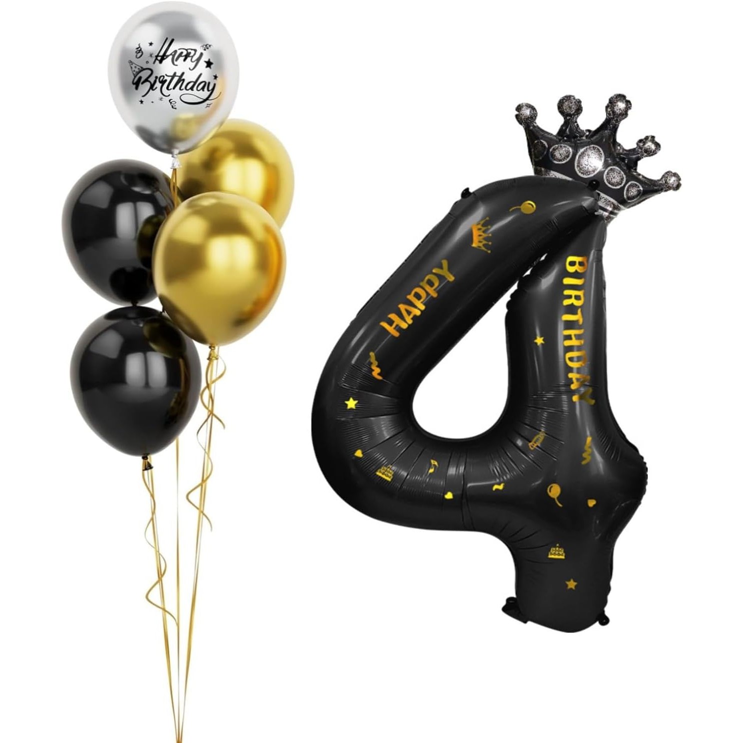 Balon din Folie Metalizata Flippy, Figurina Cifra si Coroana, Scris Happy Birthday, Tema Aniversare 100 cm, Ambalaj Individual, Pai inclus, Umflare cu Aer sau Heliu, Negru, Cifra 4 - imagine 3