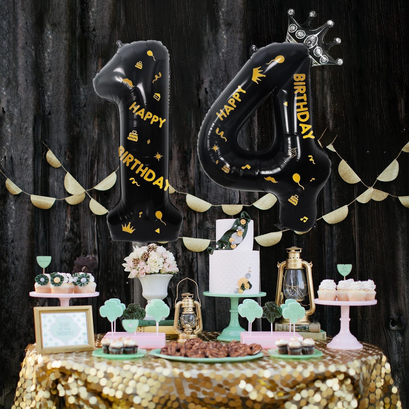 Balon din Folie Metalizata Flippy, Figurina Cifra si Coroana, Scris Happy Birthday, Tema Aniversare 100 cm, Ambalaj Individual, Pai inclus, Umflare cu Aer sau Heliu, Negru, Cifra 4 - imagine 4