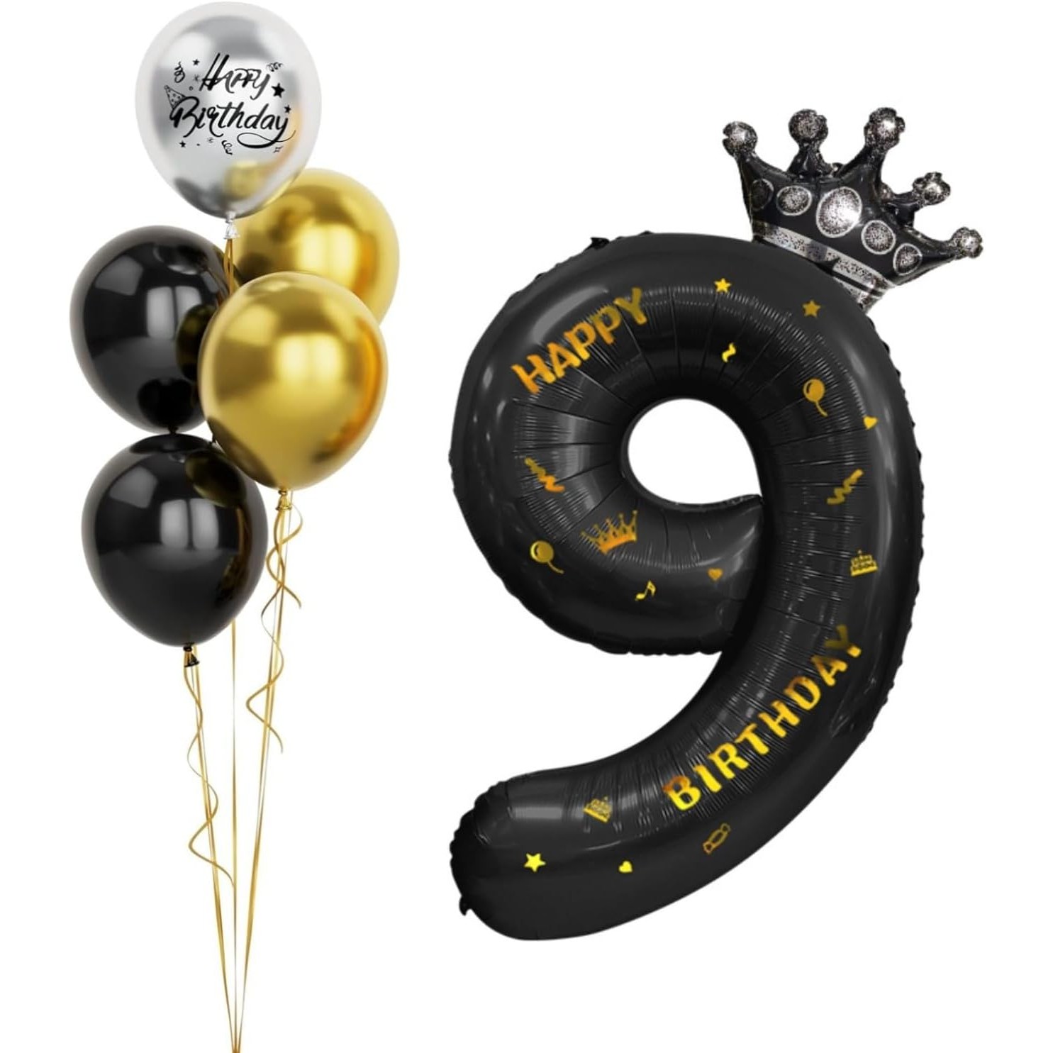 Balon din Folie Metalizata Flippy, Figurina Cifra si Coroana, Scris Happy Birthday, Tema Aniversare 100 cm, Ambalaj Individual, Pai inclus, Umflare cu Aer sau Heliu, Negru, Cifra 9 - imagine 3