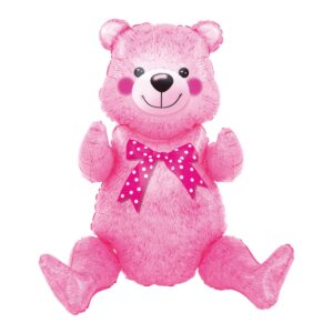 Balon din Folie Metalizata, Flippy, Figurina Animalute, Model Ursulet Asezat, Tematica Aniversare, 44x82.5 cm, Ambalaj Individual, Pai Inclus, Umflare cu Aer sau Heliu, Roz