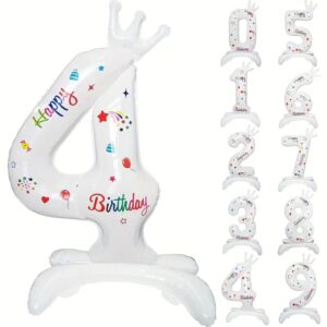 Balon din Folie Metalizata, Flippy, Figurina Cifra, Model 4 cu Happy Birthday Scris, Tema Aniversare 81 cm, Ambalaj Individual, Pai Inclus, Umflare cu Aer sau Heliu, Alb