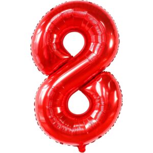 Balon din Folie Metalizata Flippy, Figurina Cifra, Tema Aniversare 100 cm, Ambalaj Individual, Pai inclus, Umflare cu Aer sau Heliu, Rosu, Cifra 8