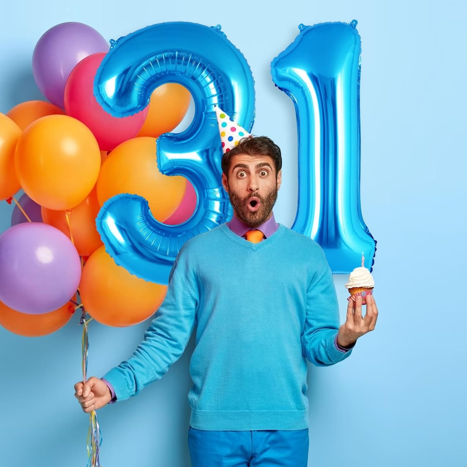 Balon din Folie Metalizata Flippy, Figurina Cifra, Tema Aniversare 40 cm, Ambalaj Individual, Pai inclus, Umflare cu Aer sau Heliu, Albastru, Cifra 1 - imagine 3