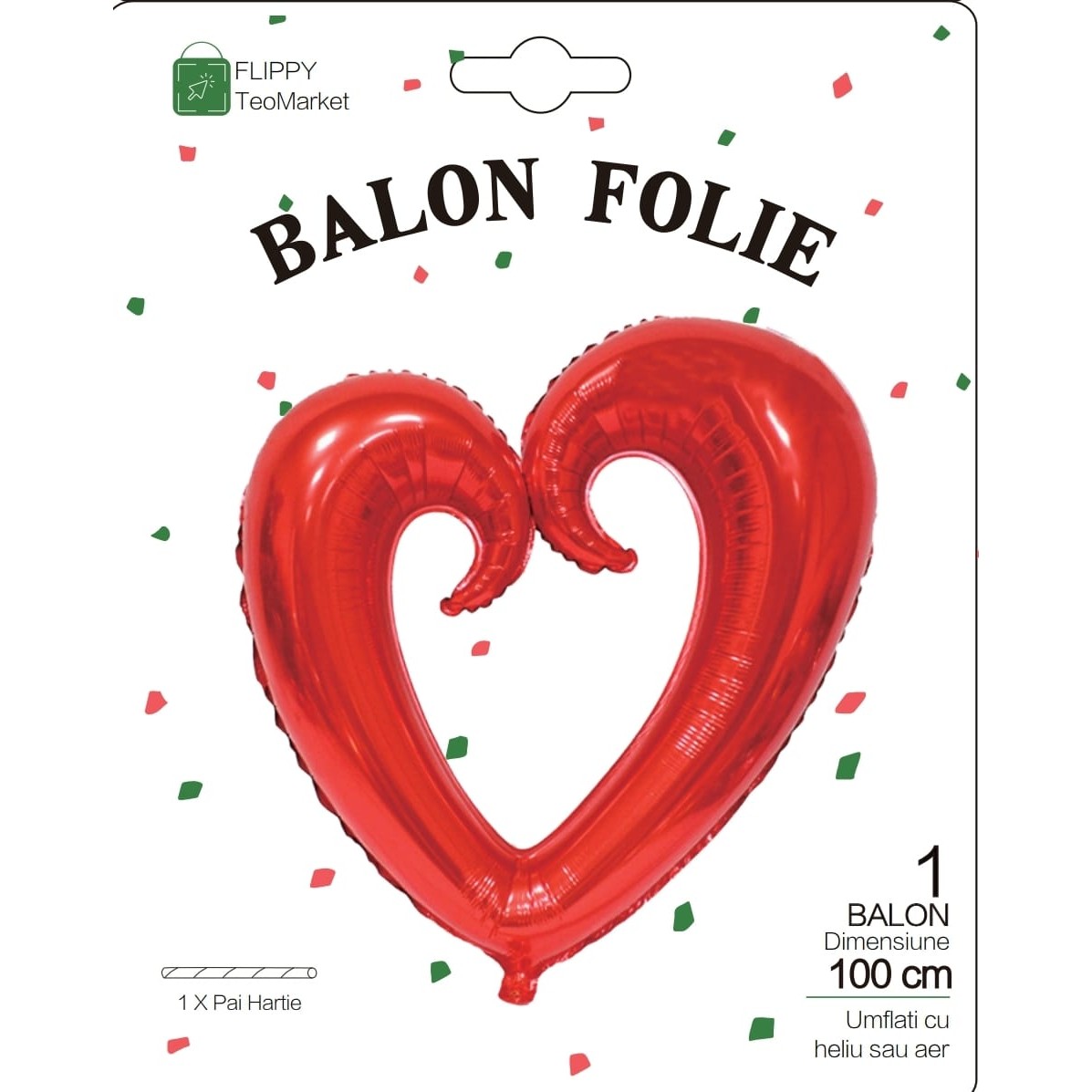 Balon din Folie Metalizata, Flippy, Figurina Inima Gigantica, Tema Ziua Indragostitilor, 100 cm, Ambalaj Individual, Pai Inclus, Umflare cu Aer sau Heliu, Rosu - imagine 4