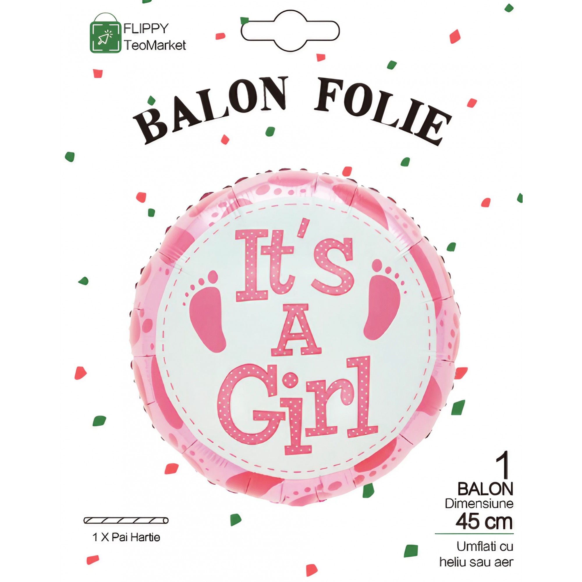 Balon din Folie Metalizata, Flippy, Figurina Rotunda, Model It's a Girl, Tema Gender Reveal, 45 cm, Ambalaj Individual, Pai Inclus, Umflare cu Aer sau Heliu, Roz - imagine 4