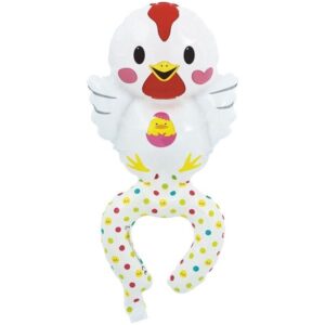 Balon din Folie Metalizata, Flippy, Figurine Animalute, Tip Bratara, Model Gaina, Ambalaj Individual, Pai Inclus, Umflare cu Aer sau Heliu, Alb