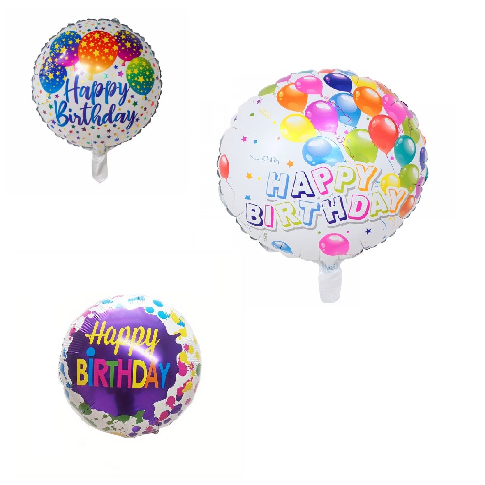 Set 3 Baloane din Folie Metalizata, Flippy, Mini Figurina Rotunda, Model Happy Birthday, 45 cm, Ambalaj Individual, Pai inclus, Umflare cu Aer sau cu